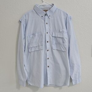 Blue Casual Button Down Men's Shirt M with Relaxed Fit.  Front Velcro Pockets.